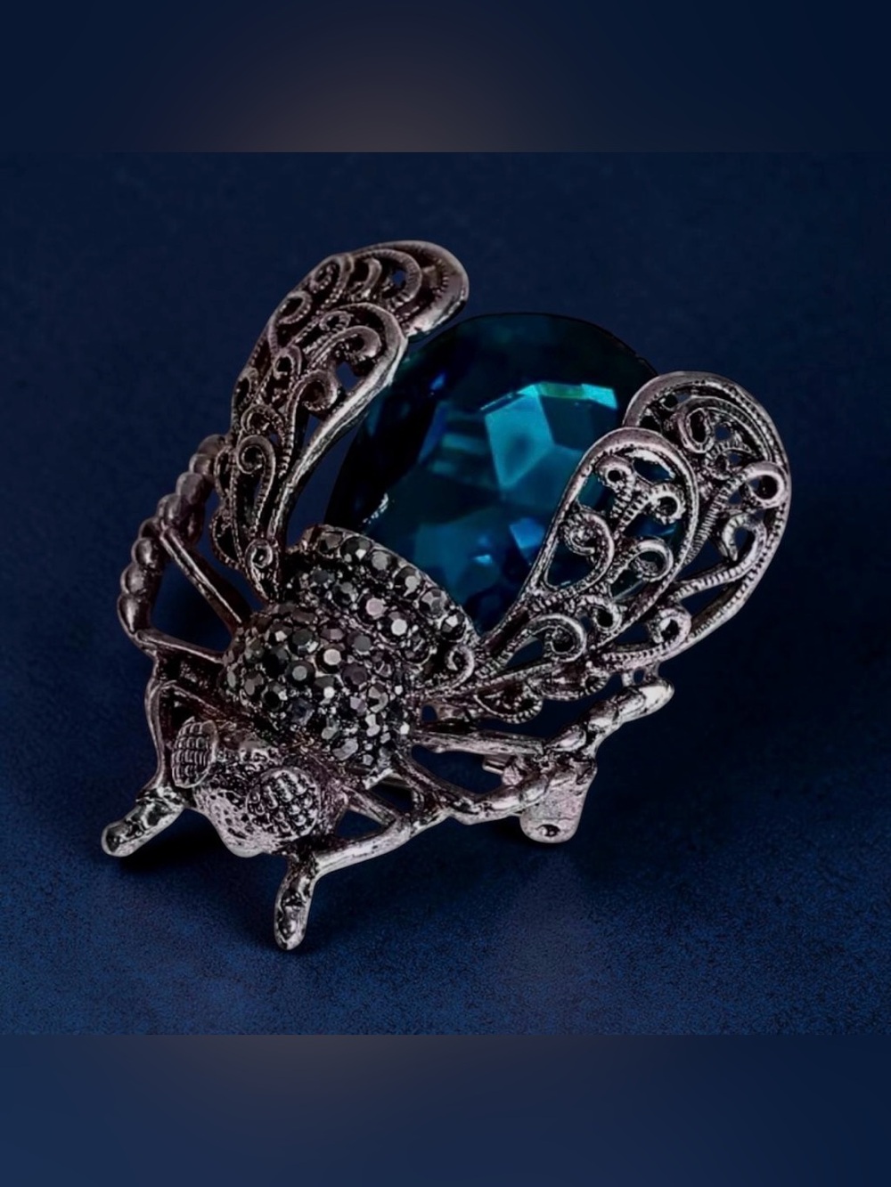 Vintage Style Teal Glass Insect Brooch Silver-Tone Fly Fashion Jewelry Pin